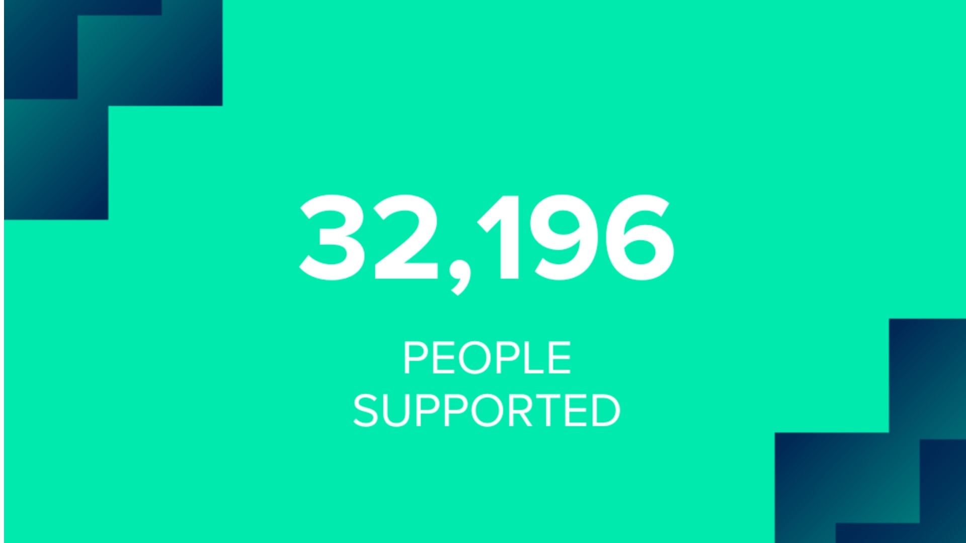 The background of the image is green. Blue squares, arranged in a lattice pattern, are located in the top left and bottom right corners. In the middle, white text reads: "32,196 people supported."